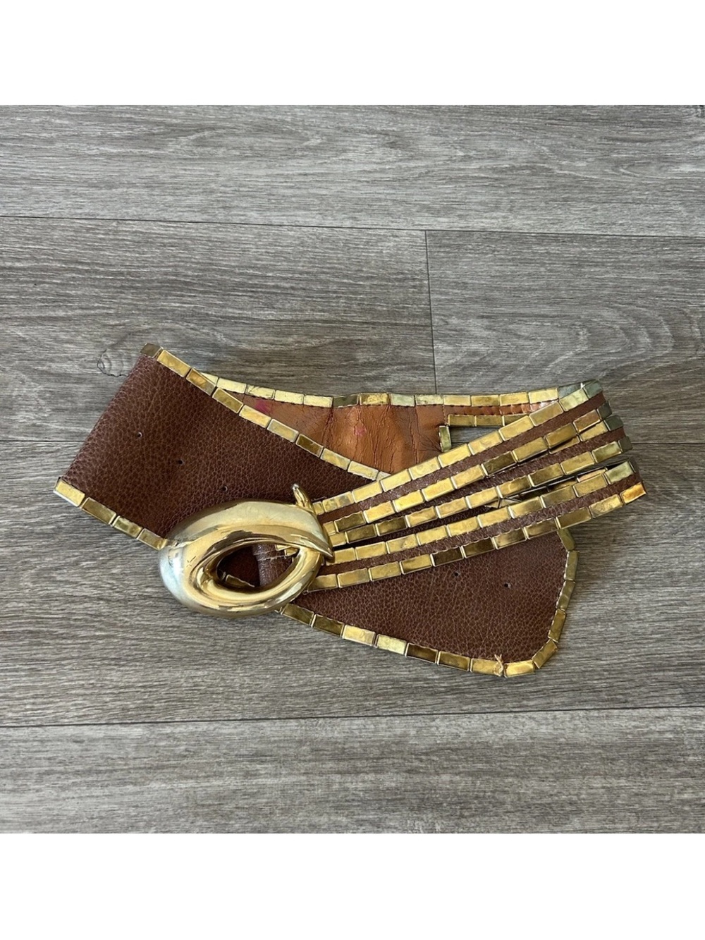 Vintage Barin Brown Gold Metal Wide Waist Belt Statement Buckle 80s 39” S/M